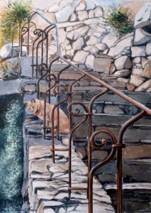 Peinture de Marcel BOOS: Chat sur un escalier de pierre