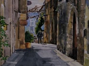 Peinture de alain deschamps: Rue Saumande à Brantôme .