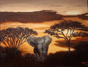 Peinture de Francoise GRELLIER: coucher de soleil sur la savane africaine