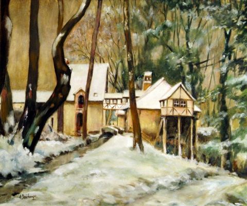 L'artiste alain deschamps - Le Moulin Minette sous la neige .