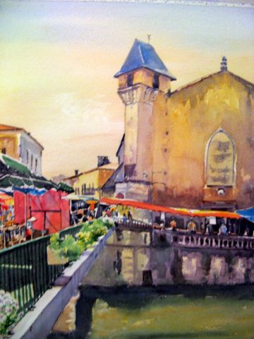 L'artiste alain deschamps - Le marché sur le pont .