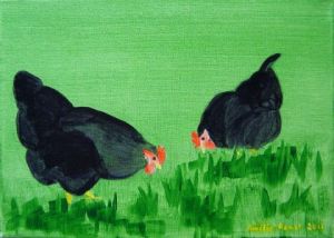 Peinture de Amelie Romet: Deux poules noires