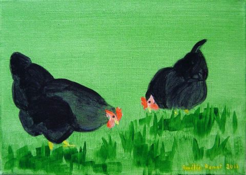 Deux poules noires - Peinture - Amelie Romet