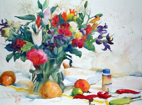 Bouquet et piments rouges - Peinture - Andre Mehu