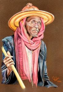 Peinture de ALAIN PESTOURIE: Vieil homme Peul au Mali