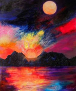 Peinture de monemaier: coucher de soleil / Lever de Lune .. Huile au Couteau