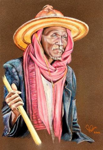 Vieil homme Peul au Mali - Peinture - ALAIN PESTOURIE