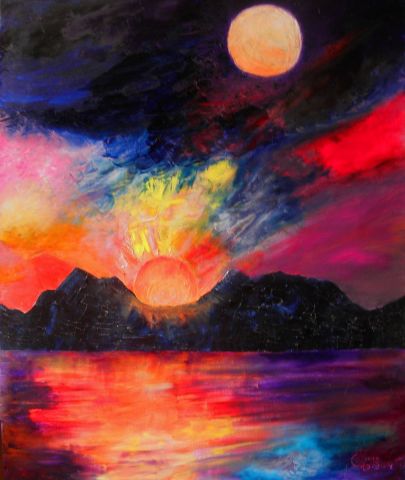 L'artiste monemaier - coucher de soleil / Lever de Lune .. Huile au Couteau