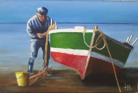 pêcheur à la barque - Peinture - Aimelle