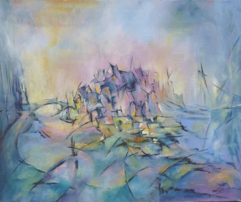 Peinture : Village mauve - janine chetivet Peinture : Village mauve - janine chetivet