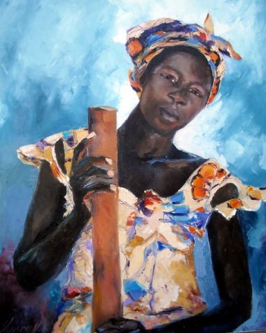 l'africaine et la robe jaune - Peinture - Veronique LANCIEN