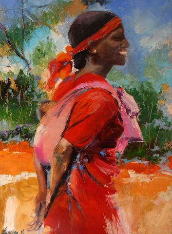 L'Africaine et la robe rouge - Peinture - Veronique LANCIEN
