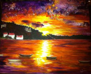 Peinture de Catherine James: coucher de soleil sur l'étang de Gruissan