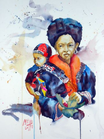 Femme Yao et son enfant - Peinture - Andre Mehu Femme Yao et son enfant - Peinture - Andre Mehu