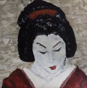 Peinture de cecile guiard: Geisha au kimono rouge
