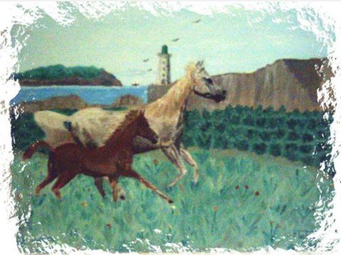 chevaux au bord de mer - Peinture - alain FLAHOU