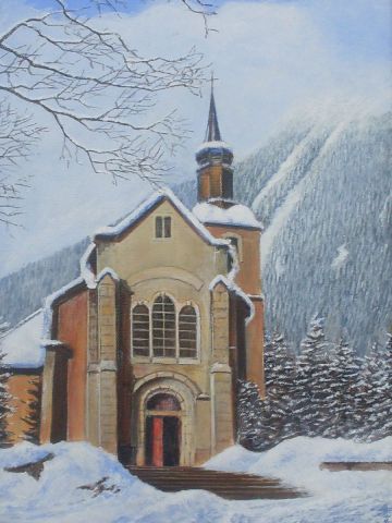 L'artiste Albert Nic du Rocher - L'Eglise de Chamonix sous la neige.