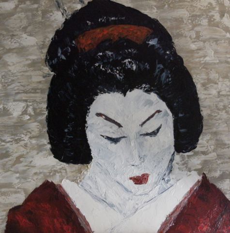Geisha au kimono rouge - Peinture - cecile guiard