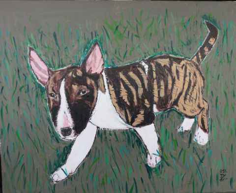 BULL-TERRIER MINIATURE CHIOT DANS L'HERBE - Peinture - DJL BULL-TERRIER MINIATURE CHIOT DANS L'HERBE - Peinture - DJL