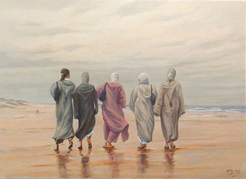 Femmes marocaines en promenade à la plage - Peinture - Till Dehrmann Femmes marocaines en promenade à la plage - Peinture - Till Dehrmann