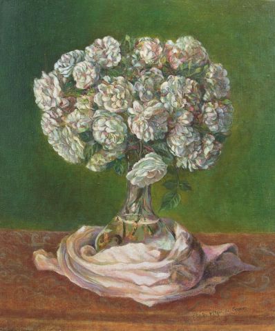 Miss Vernon, nature morte aux roses blanches - Peinture - Etsuko Migii