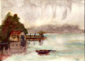Peinture de MN Toulon: Cabane sur un lac un jour de pluie