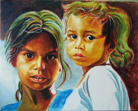 Enfants Indiens - Peinture - louis CARVALHO