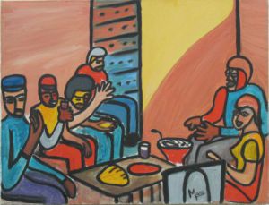 Peinture de Michel Gay: repas avec les pêcheurs