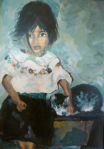 la petite fille et le chat - Peinture - Mario BAROCAS
