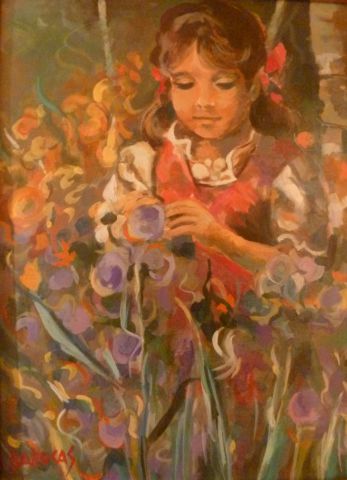 Fillette au milieu des fleurs - Peinture - Mario BAROCAS