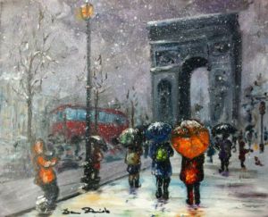 Peinture de Dam Domido: Paris sous la neige, rue de Rivoli