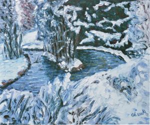 Peinture de Gerard SERVAIS: Le bassin de jardin sous la neige