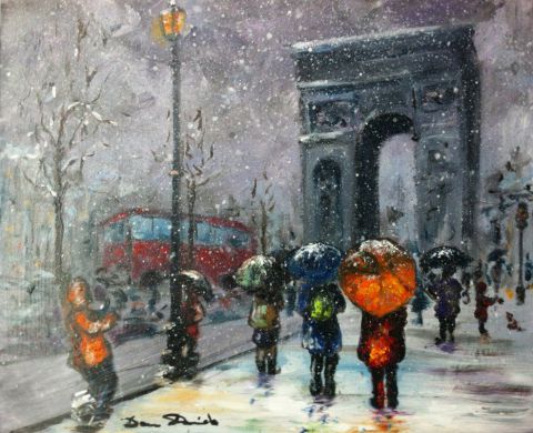Paris sous la neige, rue de Rivoli - Peinture - Dam Domido