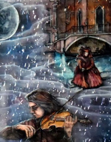 Le violoniste à la nuit - Peinture - Marisha