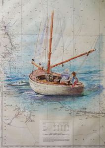 Peinture de jacques guerville huet: Sloop sur carte marine