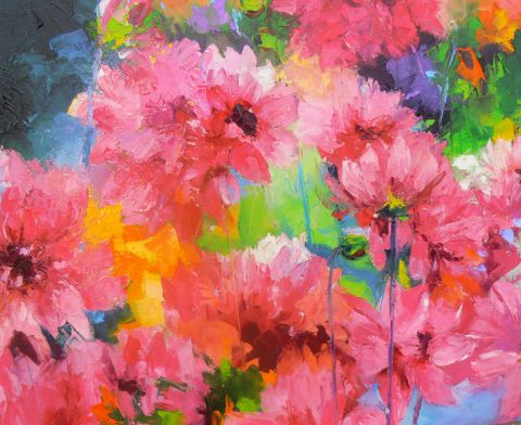 dahlias roses et lumière - Peinture - Veronique LANCIEN