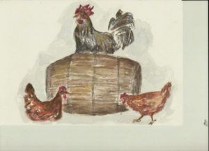 Peinture de dogu erker: Le coq et ses poules