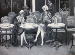 Peinture de danielle lebas: femmes à la terrasse d'un café parisien