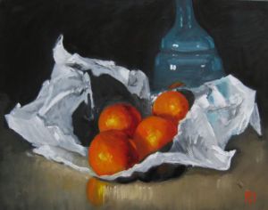 Peinture de MONIQUE SHAW: oranges et carafe bleue
