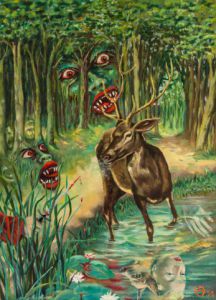 Peinture de Daniel Blondeau: Cerf traqué dans un Sous-Bois (Manifeste contre la Chasse à courre)