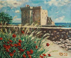 Peinture de Daniel Blondeau: Fort aux Coquelicots de l'Ile Saint-Honorat (Ile de Lérins)