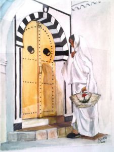 Peinture de mstriki: FEMME EN SEFSARI DEVANT UNE PORTE TRDIONNELLE A SIDI BOU-SAID