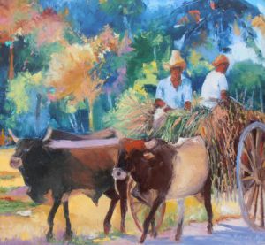 Peinture de Veronique LANCIEN: retour des champs de cannes à sucre à Marie Galante