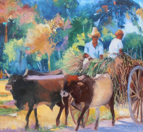 retour des champs de cannes à sucre à Marie Galante - Peinture - Veronique LANCIEN