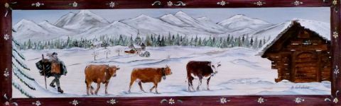 poya, retour des vaches à l'écurie - Peinture - peinture-montagne