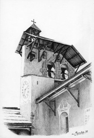 Le clocher de Ceillac (Queyras) - Dessin - Clement MOUCHE