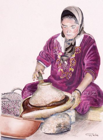 La femme berbère et l'argan - Peinture - Guy LE COZ