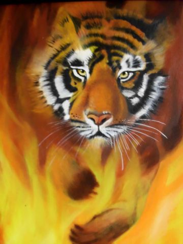 Tigre sortant des flammes - Peinture - lisky