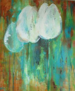 Voir cette oeuvre de Cate Evans: White tulips on blue green gold