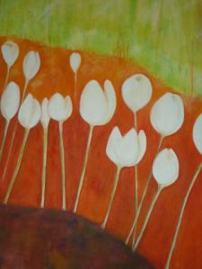 Voir cette oeuvre de Cate Evans: White tulips on orange